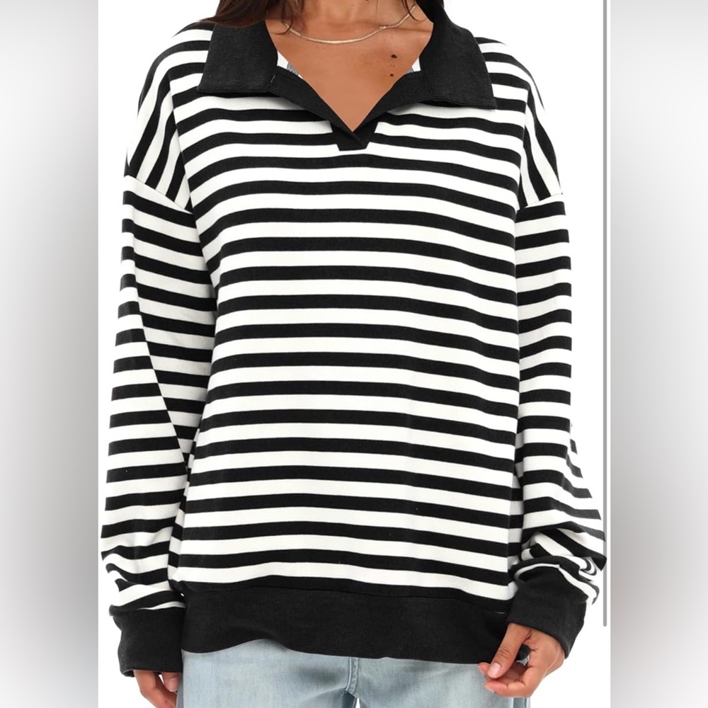 Striped Collared Pullover Sweatshirt | Black & White Stripe | Size Medium - Picture 2 of 5